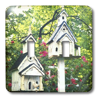 3dRose LLC lsp_37411_2 White Wood Bird Houses with Pink Flowers N Trees, Double Toggle Switch