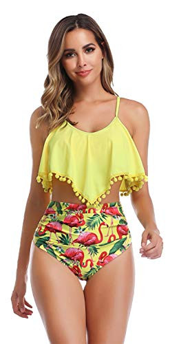 Fanhang Swimsuits for Women Two Piece Sexy Bathing Suits Ruffled Flounce Top with High Waisted Bottom Bikini Set Tankini (Yellow, Medium)