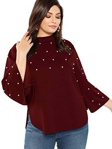 Romwe Women's Plus Elegant Pearls Beaded Long Sleeve Blouse Top Burgundy 0XL