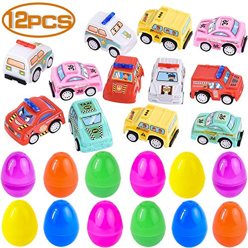 FILWO 12 PCS Easter Eggs Hunt Toddlers Toy Vehicles, Boys Easter Basket Stuffers Plastic Eggs Filled Pull Back Car Toys, Party Favors Surprise Eggs Prefilled Mini Cars for Kids