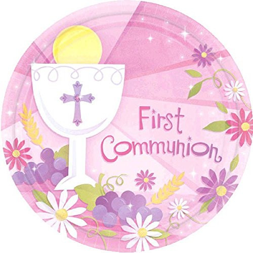 amscan First Communion Round Dessert Paper Plates, Pink, 7 inch
