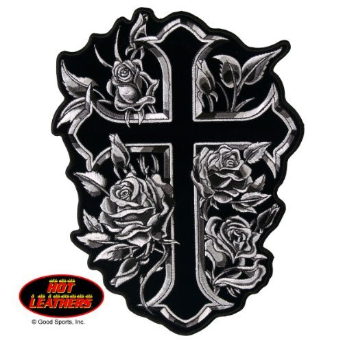 Hot Leathers, CROSS AND ROSES, High Thread Embroidered Iron-On / Saw-On, Heat Sealed Backing Rayon PATCH - 4" x 5"