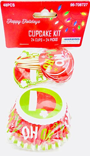 Happy Holidays Cupcake Cups (24 Cups/24 Picks=48 Pieces Cupcake Kit, Ho Ho Ho Cupcake Kit)