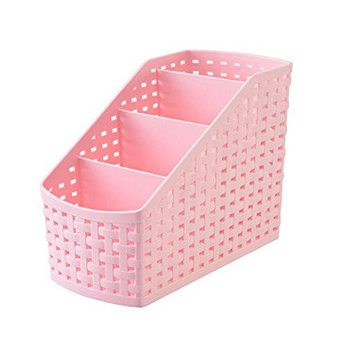 ISKYBOB Small Plastic Desktop Storage Organizer Caddy Remote Control/Pen Pencil/Makeup Holder Box for Home Office,Pink