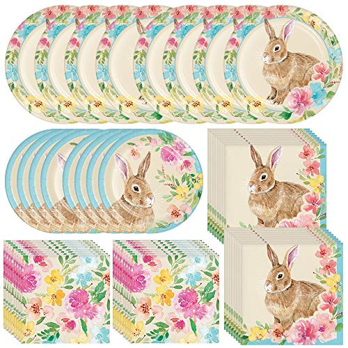 Creative Converting Watercolor Bunny Dinnerware Party Bundle  Easter Dinner  and  Dessert Plates, Beverage  and  Luncheon Napkins   Spring Party, Easter Sunday, Bunny Egg Hunt, Event for Kids and Family