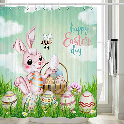 Happy Easter Shower Curtain, Easter Bunny Rabbit and Colorful Easter Eggs Butterfly for Spring Festival Holiday Shower Curtain for Bathroom, Fabric Easter Egg Shower Curtain Set with Hooks, 70 inchX70 inch In Happy Easter Shower Curtain, Easter Bunny Rabbit and Colorful Easter Eggs Butterfly for Spring Festival Holiday Shower Curtain for Bathroom, Fabric Easter Egg Shower Curtain Set with Hooks, 70 inchX70 inch In
