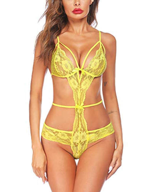 Avidlove Lingerie Womens Lace Bodysuit One Piece Teddy V Neck Lingerie Mini Babydoll Yellow Avidlove Lingerie Womens Lace Bodysuit One Piece Teddy V Neck Lingerie Mini Babydoll Yellow