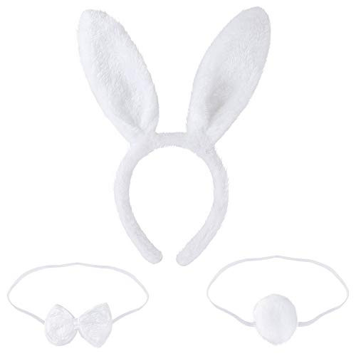 Soochat Rabbit Bunny Cosplay Set Costume Accessory Ears Headband Tail Bow Tie for Easter Halloween Christmas Party Cosplay Costume,Pack of 3(White)