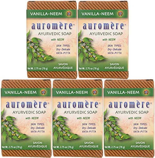 Auromere Ayurvedic Bar Soap, Vanilla Neem - Eco Friendly, Handmade, Vegan, Cruelty Free, Natural, Non GMO (2.75 oz), 5 Pack Auromere Ayurvedic Bar Soap, Vanilla Neem - Eco Friendly, Handmade, Vegan, Cruelty Free, Natural, Non GMO (2.75 oz), 5 Pack