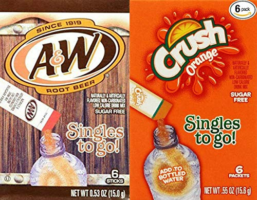A and W Root Beer  and  Orange Crush Singles To Go Drink Mix Combo (Pack of 6)