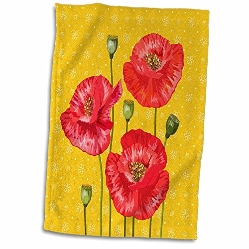 3D Rose Bright Red Poppies On A Yellow  and  White Floral Print Hand Towel, 15 inch x 22 inch, Multicolor