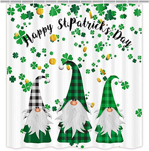 MERCHR Happy St. Patrick's Day Shower Curtain, Green Clover Shamrock Leaf Irish Gnome Elf Design, Buffalo Check Plaid Decor Cloth Fabric Bathroom Curtains with Hooks Set 71 x 84 Inches