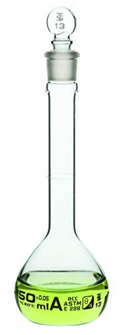 Volumetric Flask, 50ml - Class A, ASTM - Tolerance ±0.050 ml - Glass Stopper - Single, White Graduation - Eisco Labs