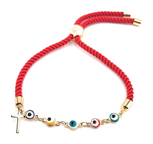LESLIE BOULES Evil Eye Bracelet with Tiny Cross Red Satin Cotton Cord Adjustable Size