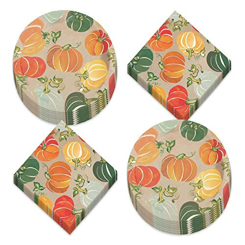 Colorful Fall Pumpkins Paper Dinner Plates and Luncheon Napkins (Serves 16)