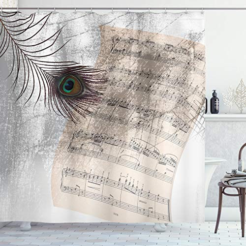 Ambesonne Peacock Shower Curtain, Music Notes Sheet Texture with Peacock Feather Evil Eye on Antique Style Musical Theme, Cloth Fabric Bathroom Decor Set with Hooks, 75 inch Long, Beige