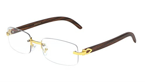 Dapper Rimless Rectangular Metal  and  Wood Eyeglasses / Clear Lens Sunglasses - Frames (Gold  and  Cherry Wood, Clear)