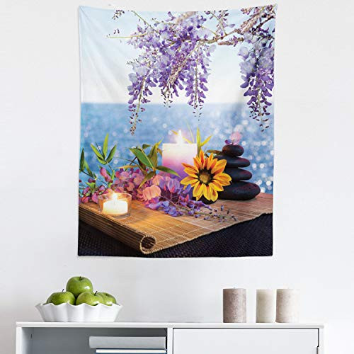 Lunarable Spa Tapestry, Massage Stones with Daisy and Wisteria with The Seabed Foliage Meditation, Fabric Wall Hanging Decor for Bedroom Living Room Dorm, 23 inch X 28 inch, Pale Blue Lavender Green