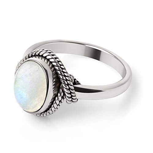 925 Sterling Silver White Moonstone Gemstone Oval Rope Edge Vintage Band Ring Size 8