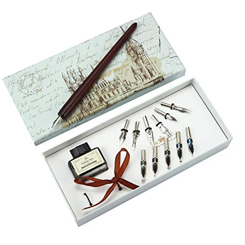 Wooden Dip Pen Handcrafted Calligraphy Set with 11 Nibs  and  Black Ink Calligraphy Set for Beginners