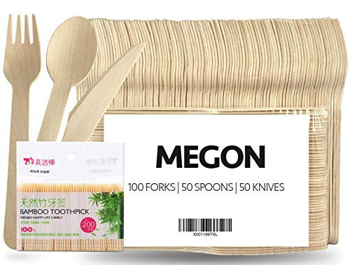 Disposable Wooden Cutlery Set - Pack of 200   Eco-Friendly, Biodegradable, Compostable and 100percent Natural   6.5 Utensils (100 Forks, 50 Spoons, 50 Knives) plus 200 Toothpicks Disposable Wooden Cutlery Set - Pack of 200   Eco-Friendly, Biodegradable, Compostable and 100percent Natural   6.5 Utensils (100 Forks, 50 Spoons, 50 Knives) plus 200 Toothpicks