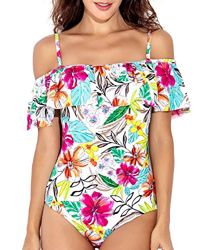 Women One Piece Flounce Swimsuit Vintage Printed Off Shoulder Flounce Ruffled Swimwear Bathing Suit