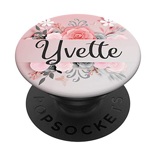 Yvette Gift Name Monogram Pink Gray Black Flowers PopSockets PopGrip: Swappable Grip for Phones  and  Tablets