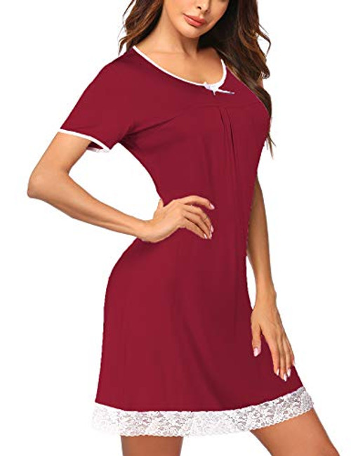 HOTOUCH Sleep Shirts for Women Soft Night Shirt Sexy Nightgown Sleep Dress Plus Size Pajamas Wine Red L