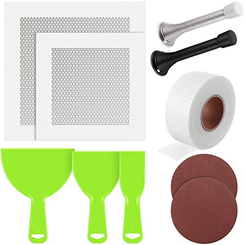 10 Pieces Wall Repair Kit Mesh Tape for Drywall Repair Tape Scraper Wall Repair Patch Door Stopper Sanding Pad Self Adhesive Wall Repair Patch Sandpaper Putty Knife Scraper for Drywall