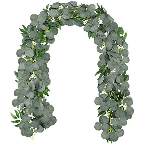 Funarty 2pcs Artificial Eucalyptus Garland with Willow Leaves Baby Breath, Fake Greenery Garland, Spring Garland Vines Silk Eucalyptus Garland for Wedding Décor Table Runner Arch Wall Decor Funarty 2pcs Artificial Eucalyptus Garland with Willow Leaves Baby Breath, Fake Greenery Garland, Spring Garland Vines Silk Eucalyptus Garland for Wedding Décor Table Runner Arch Wall Decor