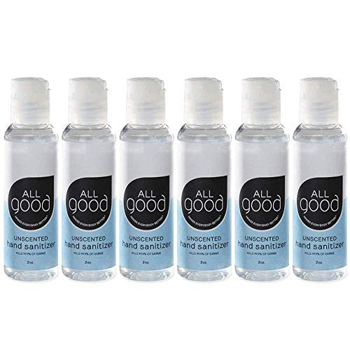 All Good Hand Sanitizer with Aloe Travel Size 2oz Bottles Unscented Sanitizer Lotion Gel Removes 99.99percent of Germs (6 Pack)