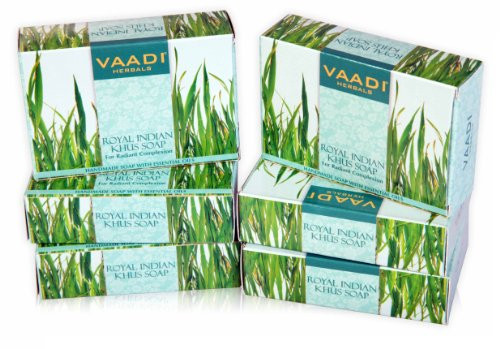 Vetiver Soap (Royal Indian Khus Bar Soap) with Olive and Soybean Oil - Handmade Herbal Soap with 100percent Pure Essential Oils - ALL Natural - Each 2.65 Ounces - Pack of 6 (16 Oz) - Vaadi Herbals