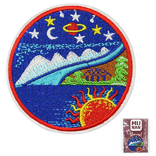 MUNAN Blue Sun Moon Lake Patch Embroidered Applique Badge Iron On Sew On Emblem