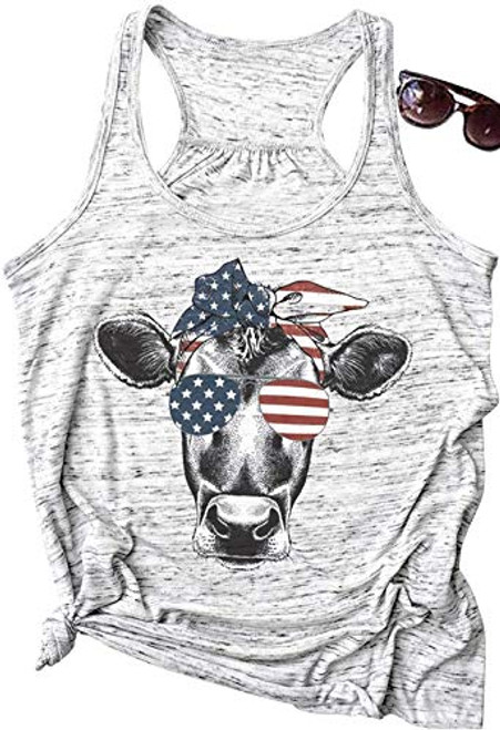 USA Flag Tank Top Women Funny Cow Shirts 4th July Tank Patriotic Sleeveless Shirt Summer Casual Racerback Vest Tee Top White