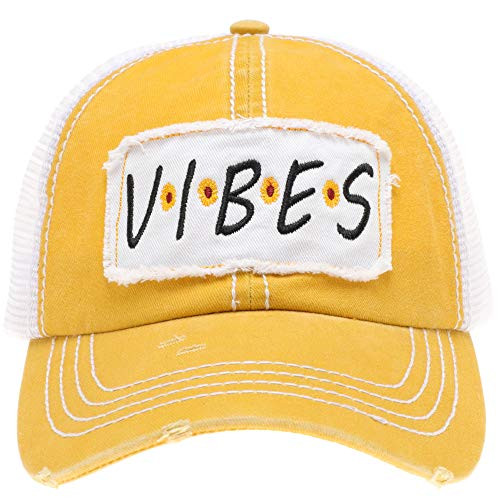 MIRMARU Womens Baseball Caps Distressed Vintage Patch Washed Cotton Low Profile Embroidered Mesh Snapback Trucker Hat (Vibes, Yellow)
