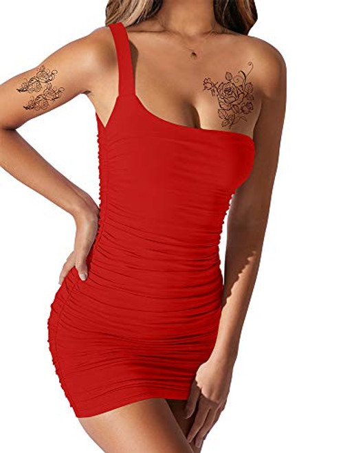 BEAGIMEG Women's Sexy One Shoulder Tank Ruched Mini Bodycon Club Dress Red BEAGIMEG Women's Sexy One Shoulder Tank Ruched Mini Bodycon Club Dress Red