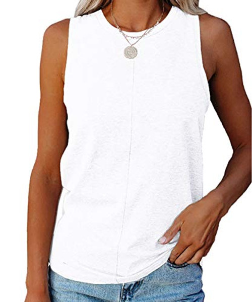 ZIWOCH Womens Summer Tank Tops Crew Neck Sleeveless Solid Color Casual Loose Fit Tee Shirts White