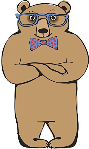 Simple Hipster Pen Sketch Bear with Blue Glasses and Bowtie Cartoon Vinyl Sticker (8 inch Tall)
