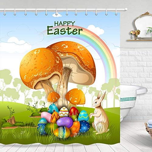 Easter Shower Curtain, Easter Rabbit Bunny and Eggs and Mushroom in Spring Garden Shower Curtain for Bathroom, Easter Fabric Shower Curtain Set with Hooks, 70 in Easter Shower Curtain, Easter Rabbit Bunny and Eggs and Mushroom in Spring Garden Shower Curtain for Bathroom, Easter Fabric Shower Curtain Set with Hooks, 70 in