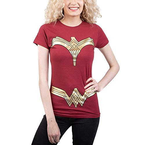 Bioworld Wonder Woman Gold Foil New Logo Maroon Juniors Costume T-Shirt Tee 1984 (Large)