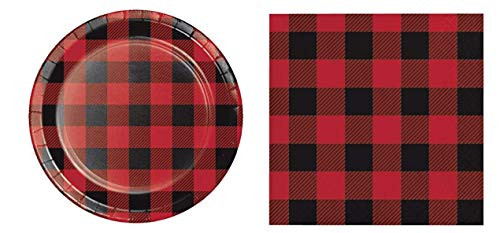 Buffalo Plaid Dessert Plates (16) and Beverage Napkins (16) Bundle