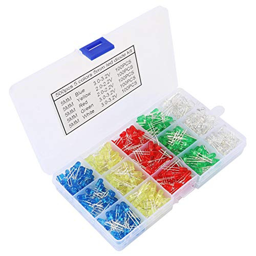 TOOHUI 500Pcs 5mm Led Diodes, Light Emitting Diode, Diodes Resistor Kit, Diffused 2pin Round Head Light Emitting Diodes Assorted Color White/Red/Yellow/Green/Blue Kit Box
