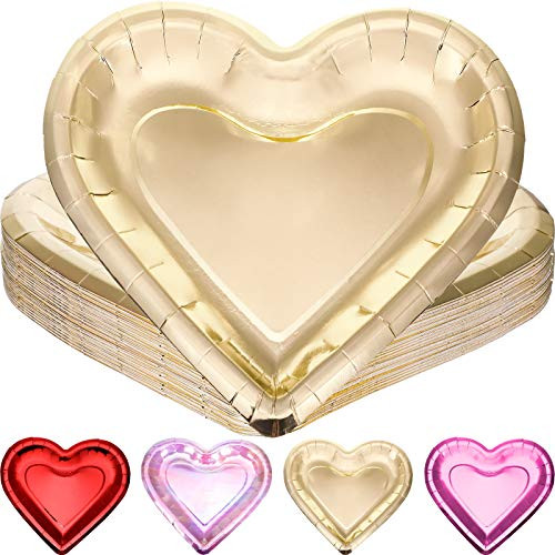 24 Pieces Thick Heart Shaped Paper Plates Disposable Party Plates 10.6 Inch Large Size Dinnerware Plates Decorative Tableware for Mother's Day, Wedding Birthday Grad Party Valentine's Day (Gold)