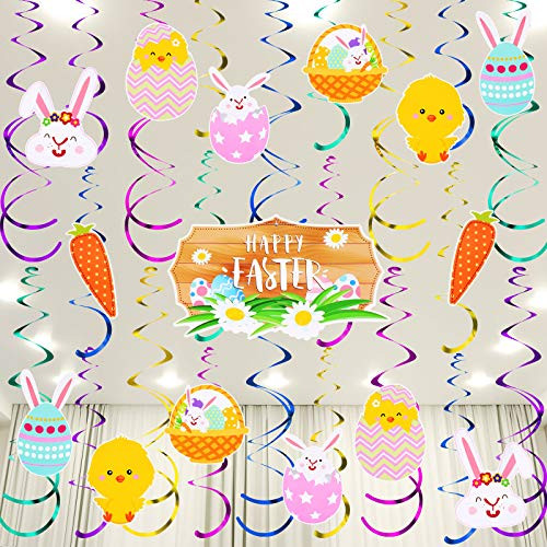 48 Pieces Easter Hanging Swirls Decorations Spiral Foil Ceiling Hanging Swirl Easter Egg Bunny Chick Carrot Hanging Swirl Foil Decorations for Home Office School Easter Party Ornaments Supplies