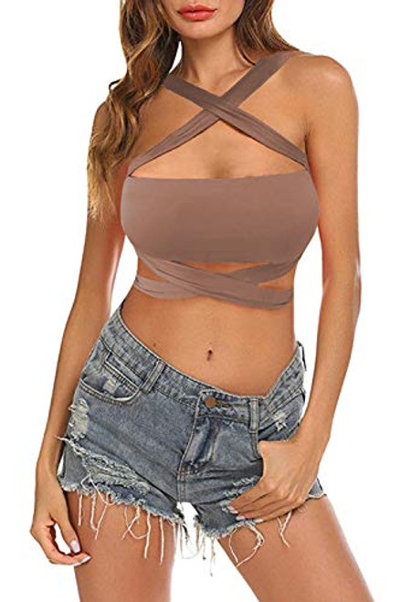 KAKALOT Women's Sexy Criss Cross Halter Bandage Crop Tops Cut Out Active Bustier Cami M Khaki KAKALOT Women's Sexy Criss Cross Halter Bandage Crop Tops Cut Out Active Bustier Cami M Khaki