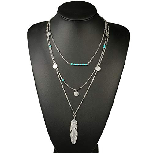 Leiothrix Boho Layered Leaf Necklace Chain with Turquoise Sequins Pendant Jewelry for Women (Silver)