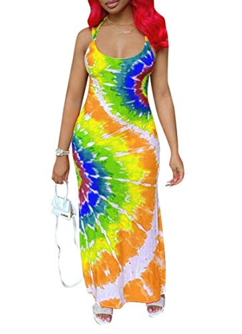 Ophestin Women Sexy Sleeveless Strap Spiral Tie Dye Print Bodycon Summer Beach Split Long Maxi Party Dress Yellow S