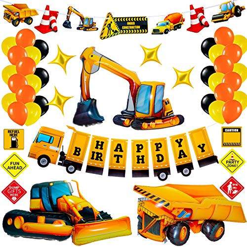 Construction Birthday Party Supplies Set Construction Party Decorations Kits Dump Truck Party Pack for Kids Boys with Dump Truck Balloon Excavator Balloon and Bulldozer Balloon