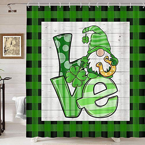 Funny St. Patrick Gnomes Shower Curtain Green Blakc Buffalo Check Plaid Shower Curtain, Cute Gnome with Spring Clover Irish Shamrock Leaf Shower Curtains Hooks