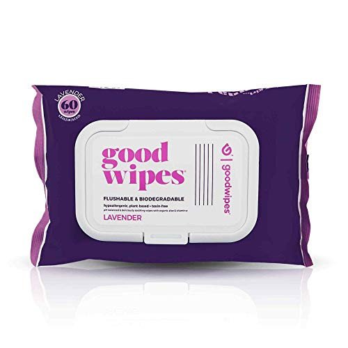 Goodwipes Flushable Butt Wipes, Lavender Scent, Biodegradable with Botanicals, Dispenser for At-Home Use, with Aloe, Septic and Sewer Safe  and  Never Dries Out (60 Count)